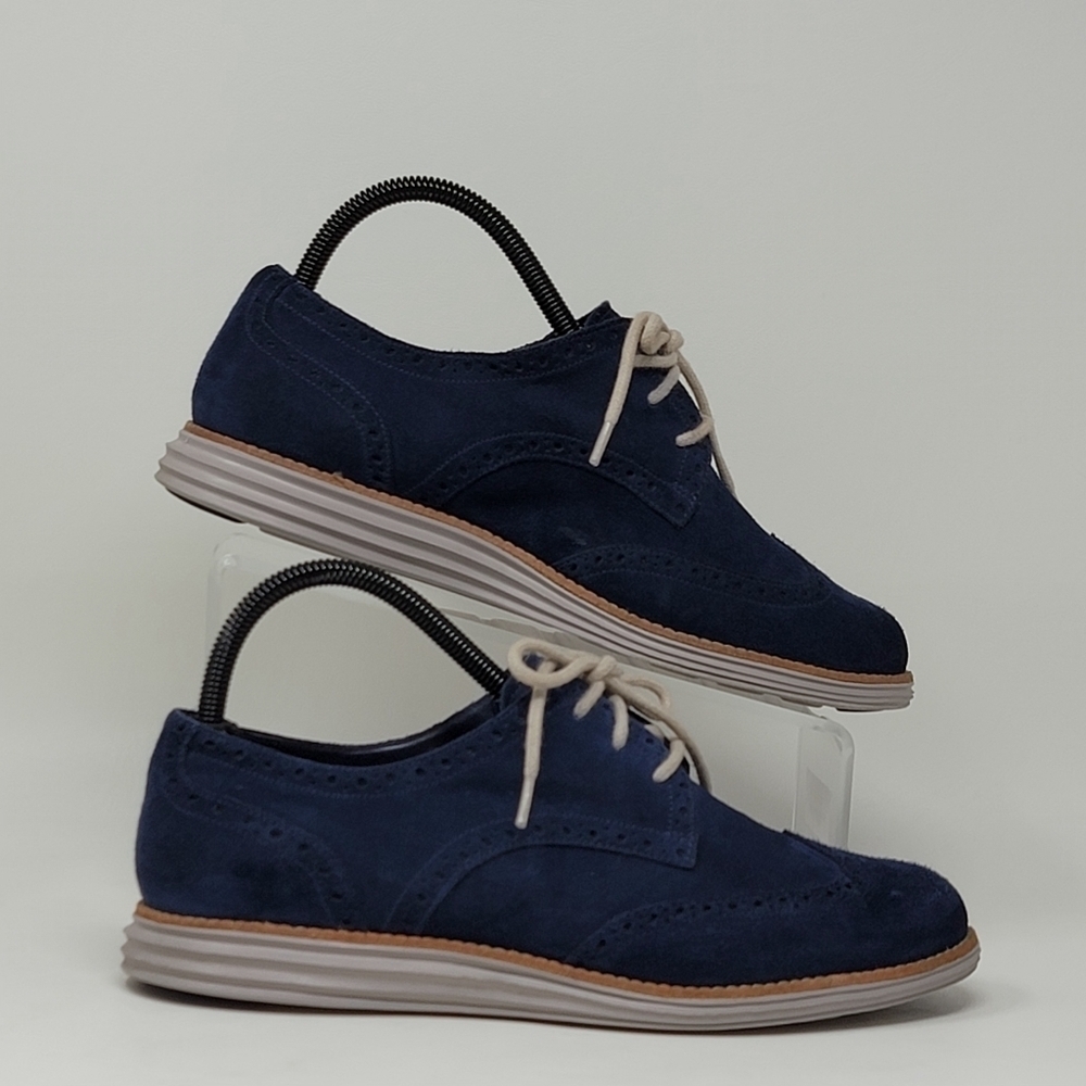 Cole Haan Lunargrand Wingtip Oxford Women 8.5  Blue Suede Leather Shoe Pre-owned